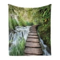 thumbnail image 1 of Jungle Soft Flannel Fleece Throw Blanket, Wooden Footbridge Along the Stream in Greenery Jungle Waterscape Scenery, Cozy Plush for Indoor and Outdoor Use, 70" x 90", Brown Green White, by Ambesonne, 1 of 5