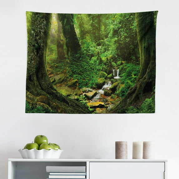 Jungle Tapestry, Freshness Tropical Thailand Forest with Wooden Bridge Foliage Calm Landscape, Fabric Wall Hanging Decor for Bedroom Living Room Dorm, 2 Sizes, Green, by Ambesonne