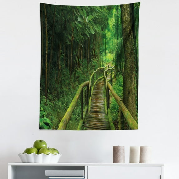 Jungle Tapestry, Rainforest in Thailand Foliage Greenery Wooden Pathway Trekking Primeval, Fabric Wall Hanging Decor for Bedroom Living Room Dorm, 5 Sizes, Green Brown, by Ambesonne