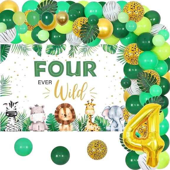 Jungle Theme 4th Birthday Decorations, Four Ever Wild Birthday Decorations Boy, Sage Green Jungle Balloon Arch Kit, Four Ever Wild Backdrop, Number 4 Foil Balloons Artificial Palm Leaves