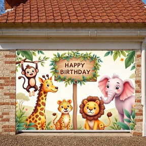 Jungle Theme Banner Safari Animals Zoo Animal Backdrop Cartoon Style Green Leaves Jungle Theme Background for Kids Birthday Party Safari Party Decor Children's Birthday Event