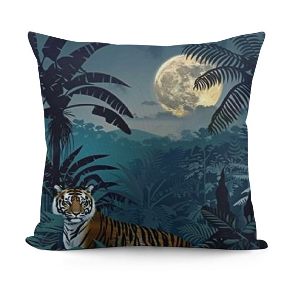 Jungle Throw Pillow Cushion Cover, Night in The Rainforest Wild Tiger Animal Moonlight Palm Shrubs Graphic Print, Decorative Square Accent Pillow Case, Teal