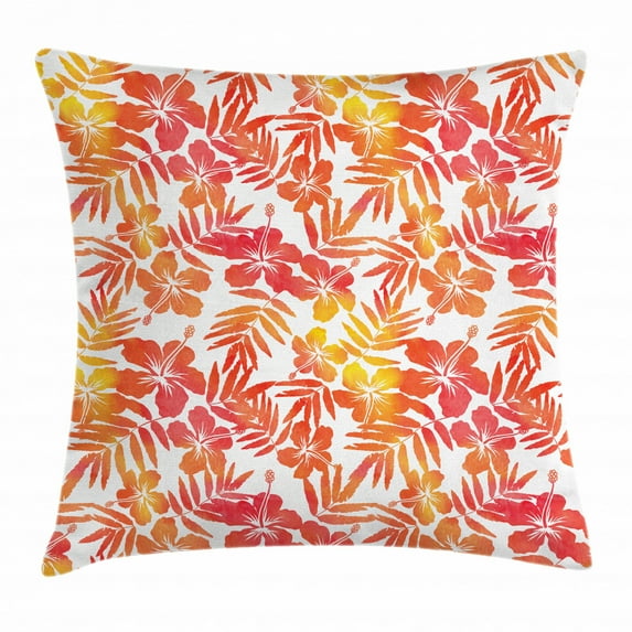 Jungle Throw Pillow Cushion Cover, Watercolor Art Inspired by Exotic Island Nature Hibiscus Flowers Hawaiian, Decorative Square Accent Pillow Case, 18 X 18 Inches, Vermilion and Yellow, by Ambesonne