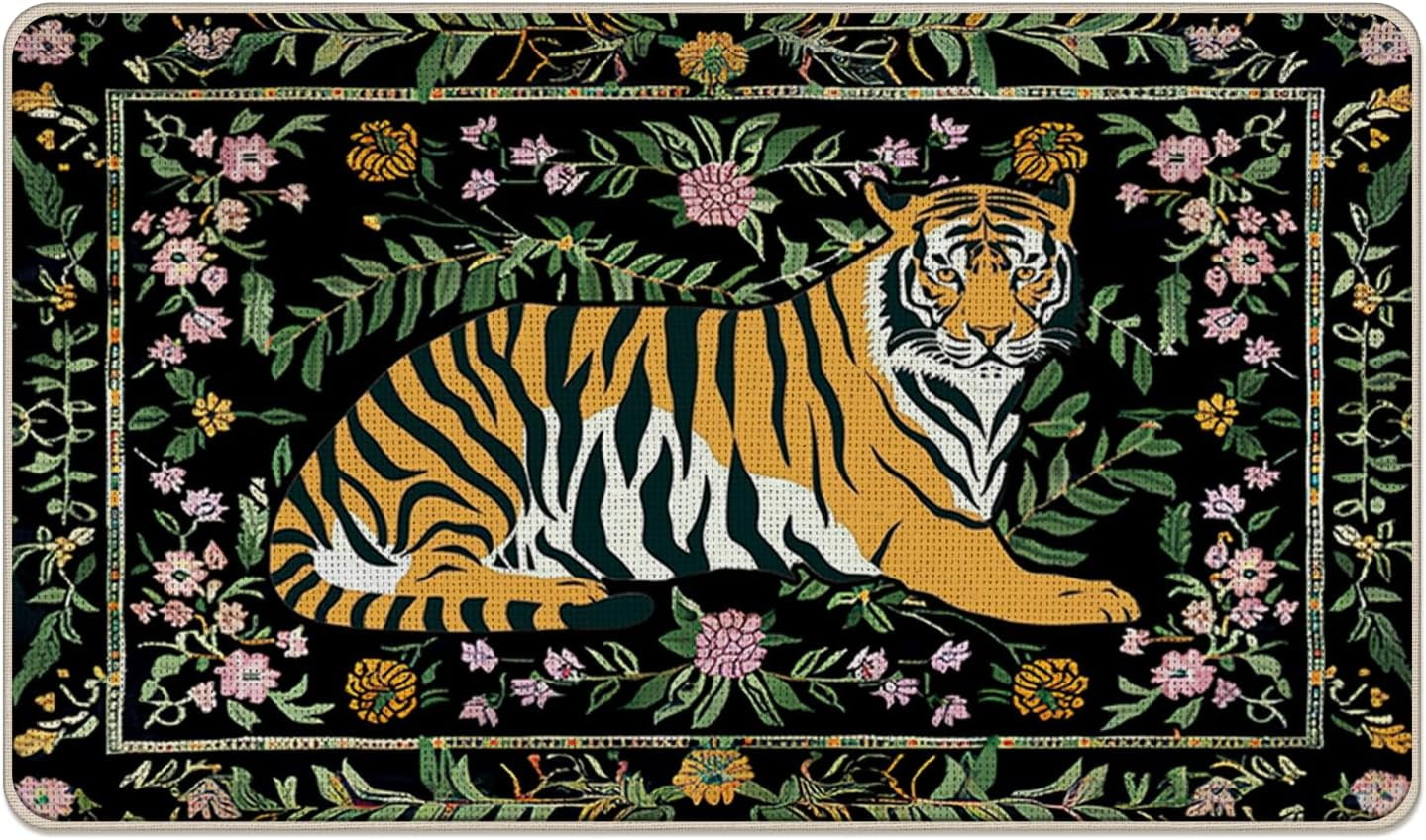 Jungle Tiger Black Welcome Front Door Mat, Tropical Plant Floral Decorative Doormat Non-Slip Floor Entryway Rug, Botanical Low Profile Indoor Outdoor Home Kitchen Decoration 17x29 Inches