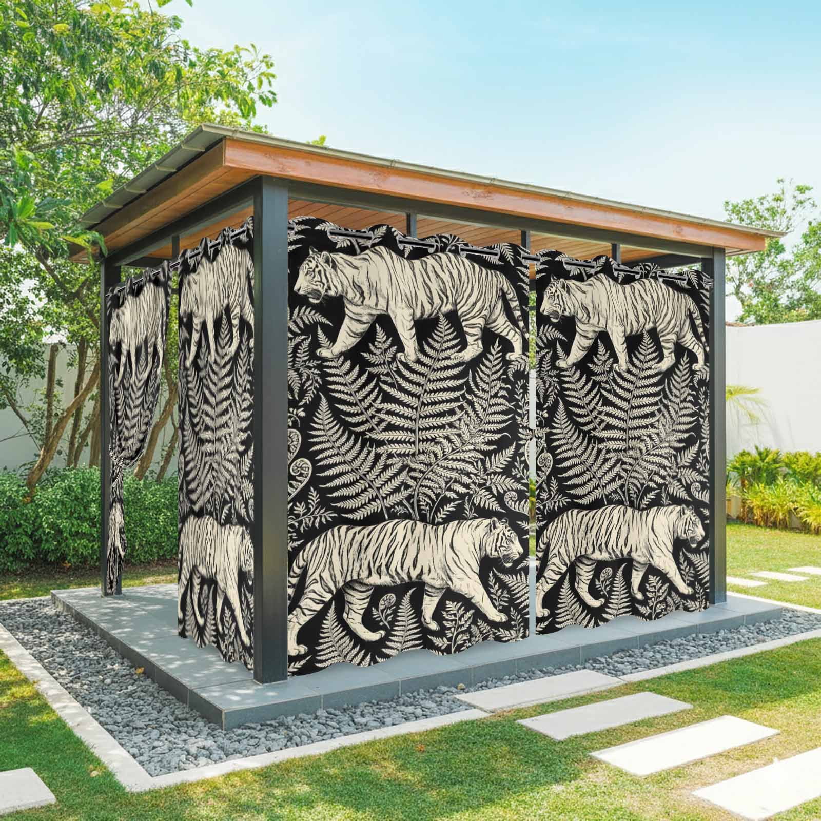 Jungle Tiger Fern Outdoor Curtains for Patio, Black and Beige Tropical Leaves Wildlife Sunshade Privacy Drapes Grommet Waterproof Outside Curtains for Porch/Cabana/Balcony 54"x 108", 1 Panel