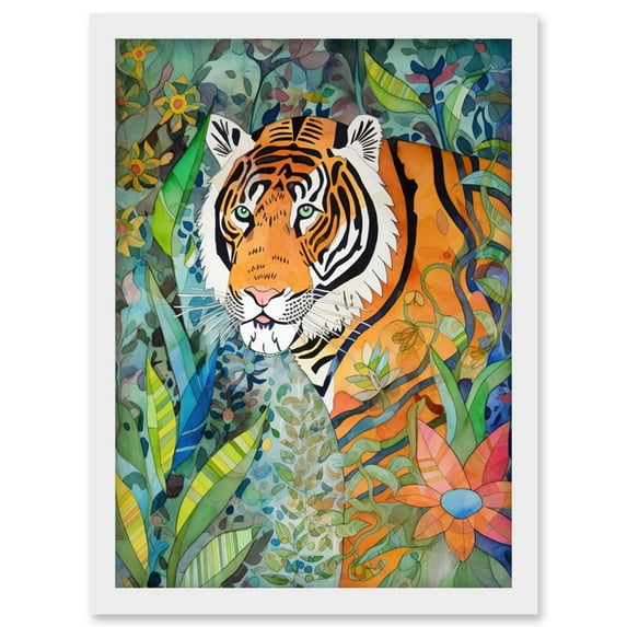 Jungle Tiger Flowers Leaves Folk Art Artwork Framed Wall Art Print A4
