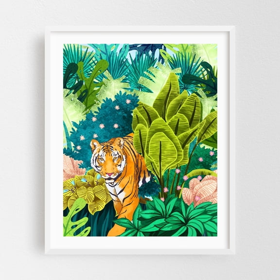 Jungle Tiger - Painting Tiger Jungle Wildlife Tropical Illustration Botanical Nature White Framed Wall Art Print 6 x 8 inches