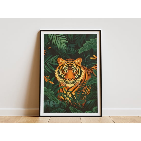 Jungle Tiger Poster Tropical Animal Art Print Orange Green Leaves Wall Decor Home Decor