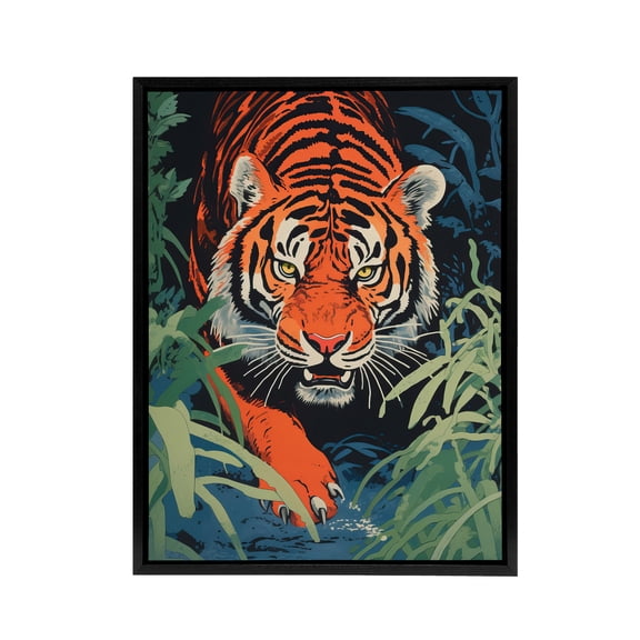 Jungle Tiger Prowling Stalking Animal Black Framed Canvas Wall Art Print 24X32"