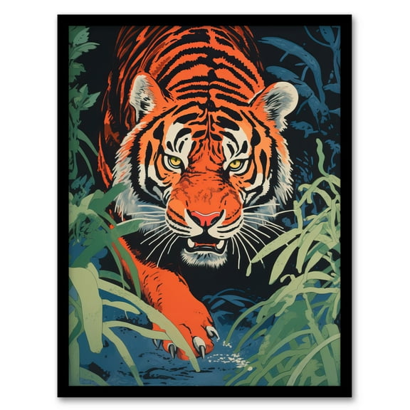 Jungle Tiger Prowling Stalking Pouncing Animal Nature Artwork Painting Artwork Framed Wall Art Print A4
