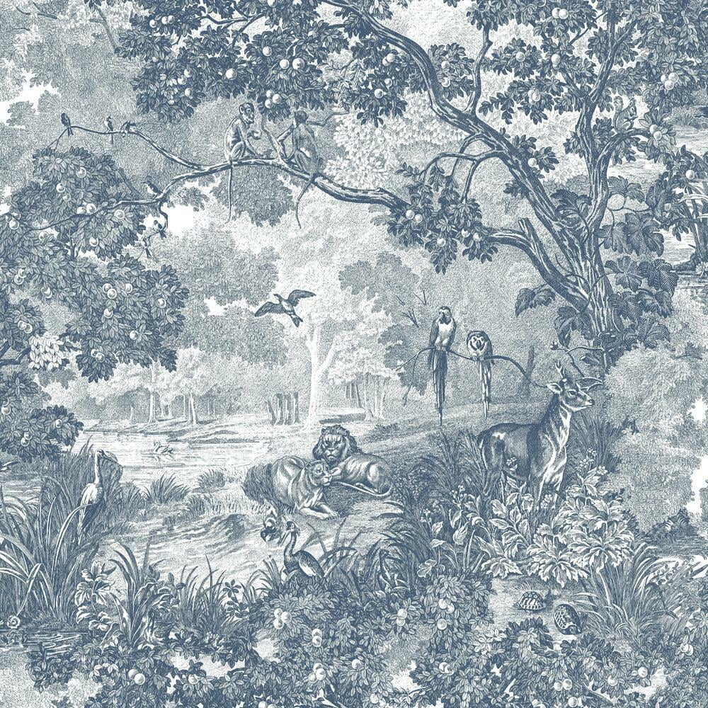 Blue and Gray Jungle Toile Peel and Stick Wallpaper Roll