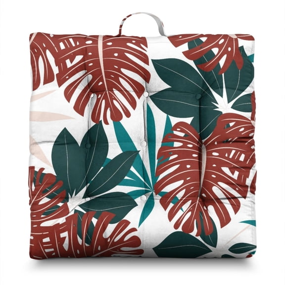 Jungle Vibes Floor Pillow&nbsp;– 22x22 Inch Large Cushion, Dutch Velvet, Mixed Tropical Leaves (Wild & Free Spirit)