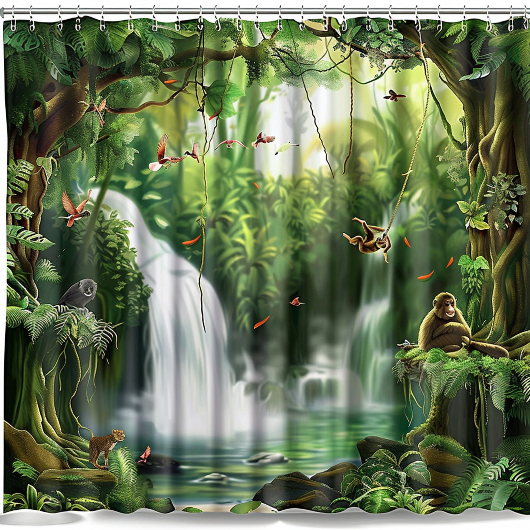 Jungle Waterfall Shower Curtain Hyper Realistic Rainforest Scene with