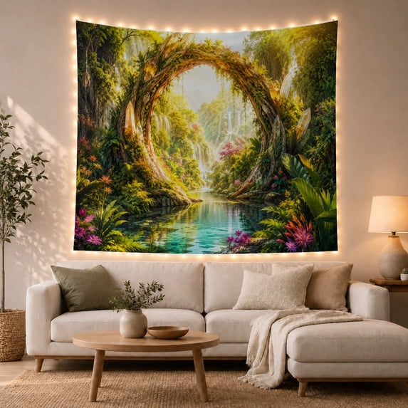Jungle Waterfalls Within a Circular Root Arch, Mystical Fantasy for Nature Lovers, Tropical Wall Art, Housewarming Gift, Tapestry Wall Hanging for Bedroom and Living Room