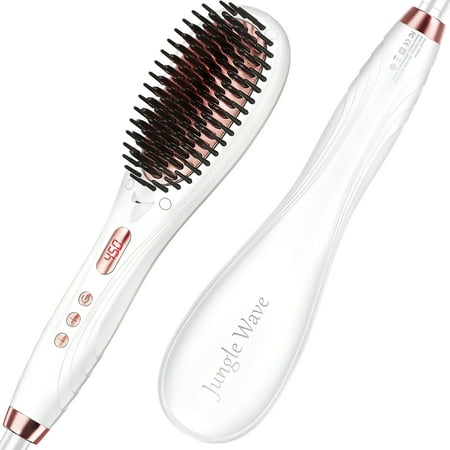 Jungle Wave Hair Straightener Brush, 2-in-1 Ceramic Ionic Straightening Brush, 15s Fast Heating, White