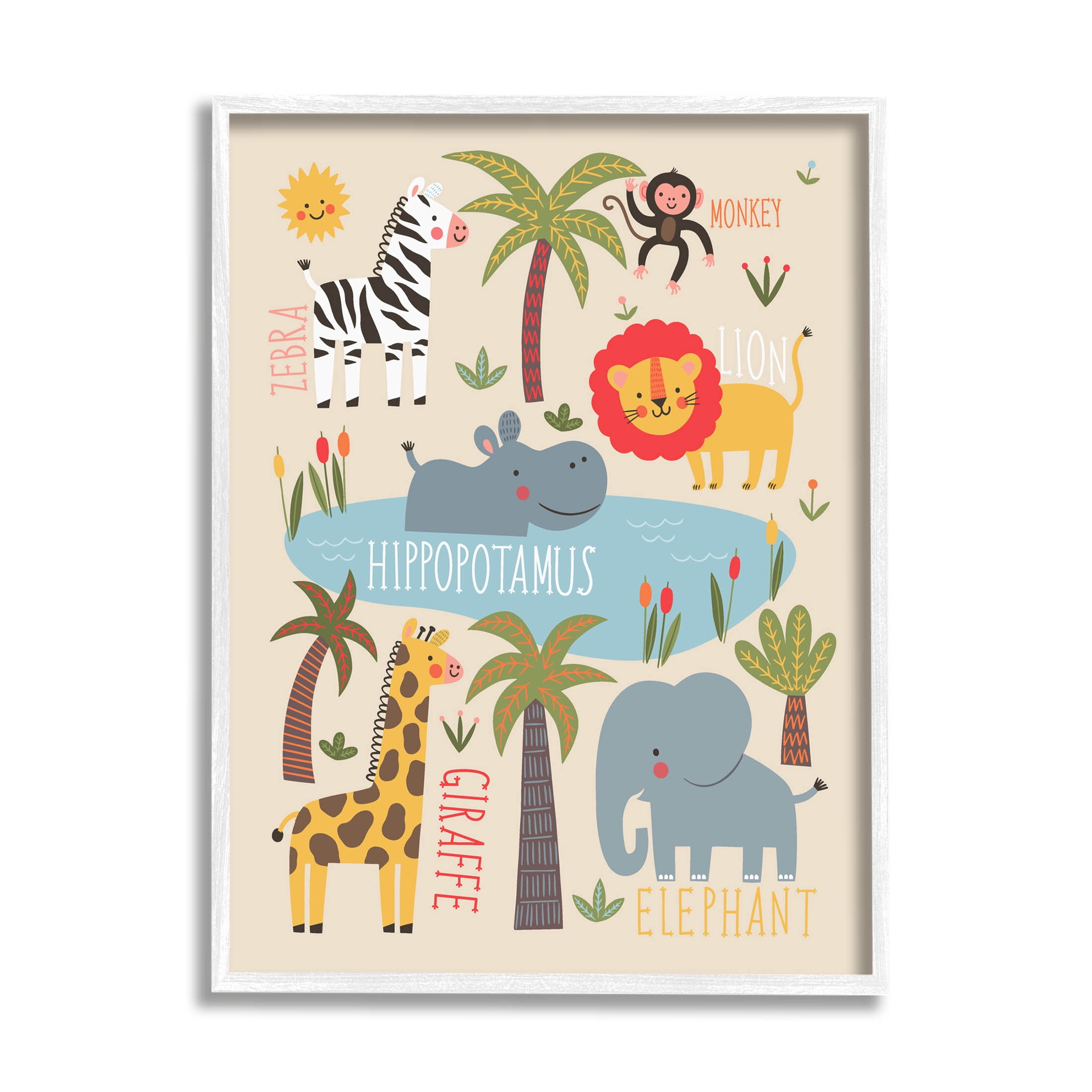 Jungle Wildlife Animals Safari Animals & Insects Graphic Art White Framed Art Print Wall Art