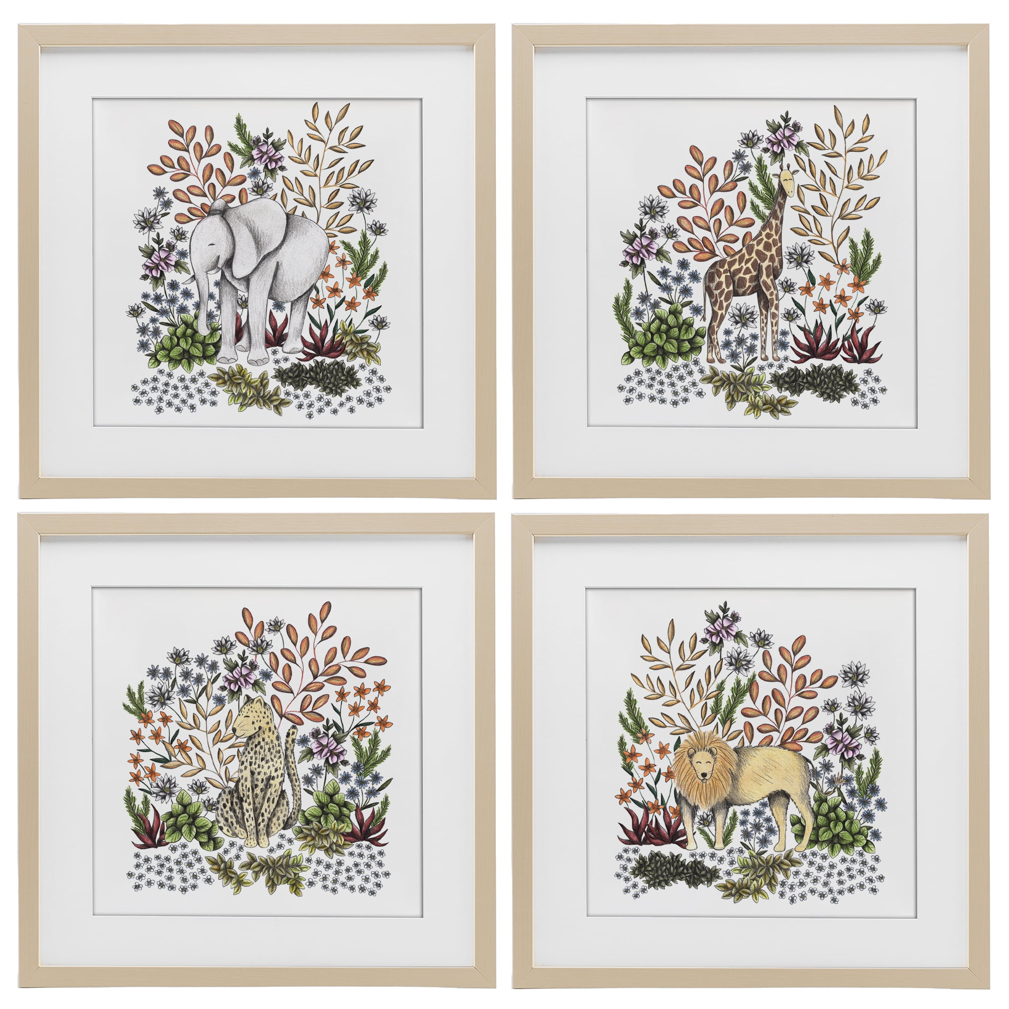 Jungle Wildlife & Botanicals 4 Piece Birch Framed Print Under Glass Set, design by Cecilia Battaini