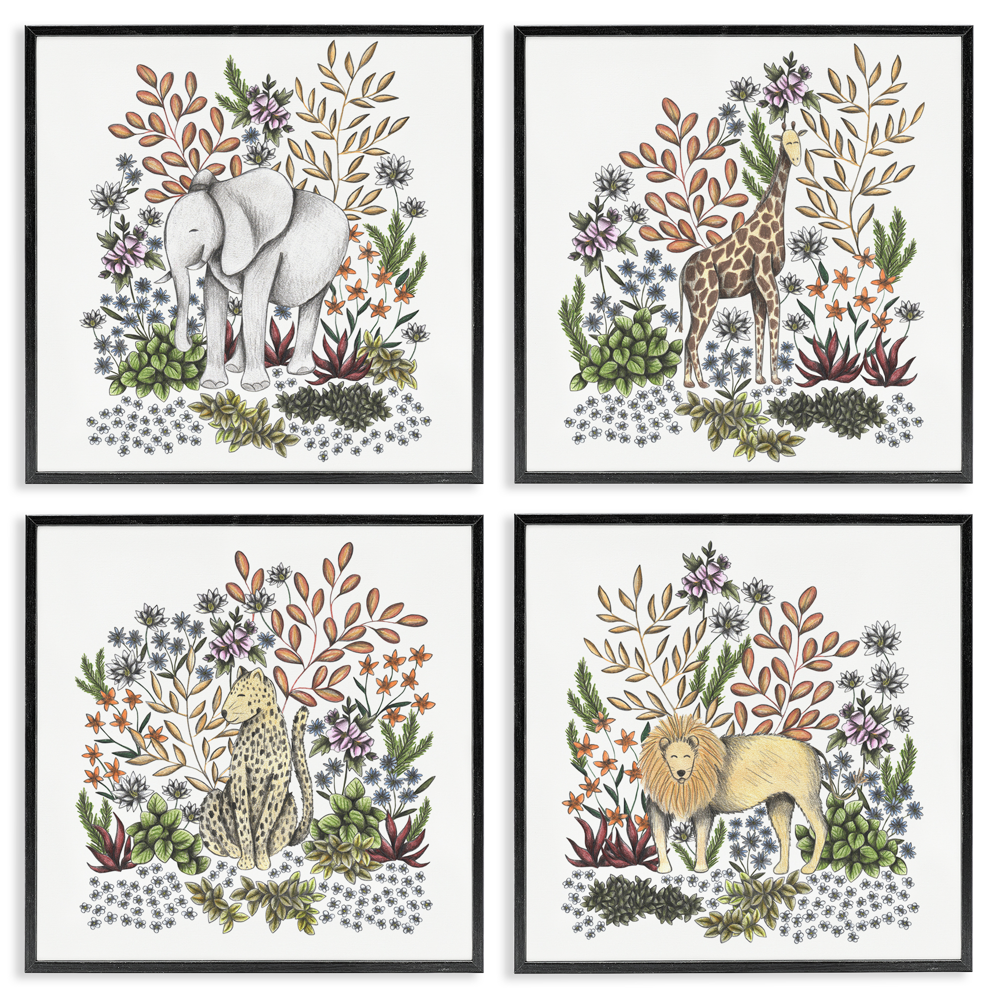 Jungle Wildlife & Botanicals 4 Piece Black Framed Giclee Art Set, design by Cecilia Battaini