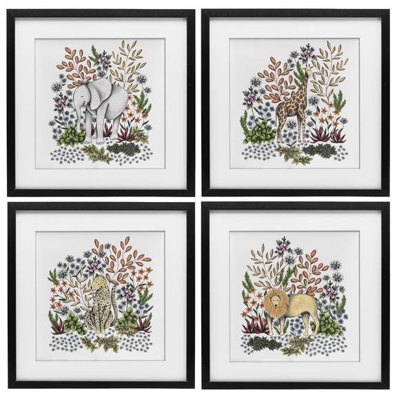 Jungle Wildlife & Botanicals 4 Piece Black Framed Print Under Glass Set, design by Cecilia Battaini