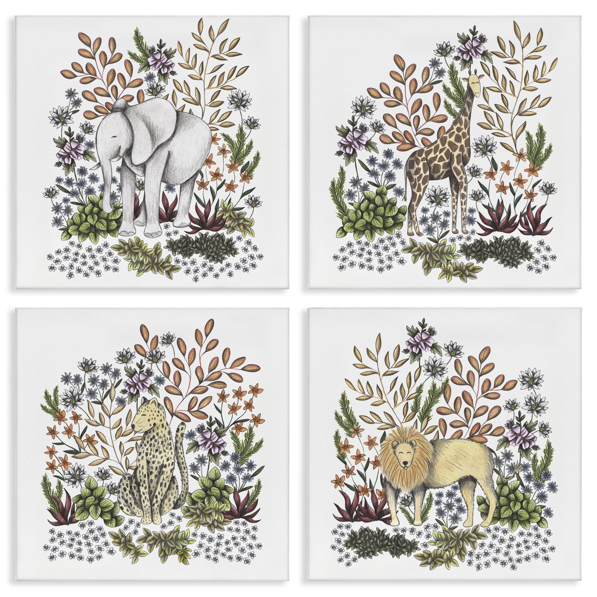 Jungle Wildlife & Botanicals 4 Piece Canvas Wall Art Set, design by Cecilia Battaini