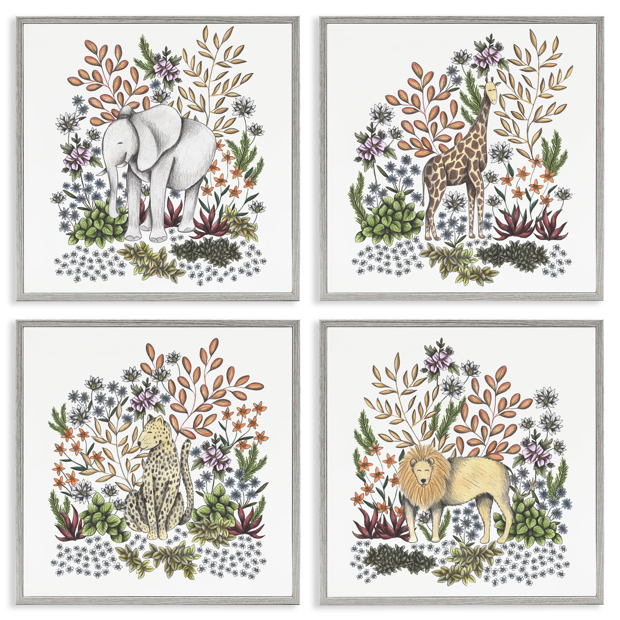 Jungle Wildlife & Botanicals 4 Piece Gray Framed Giclee Art Set, design by Cecilia Battaini