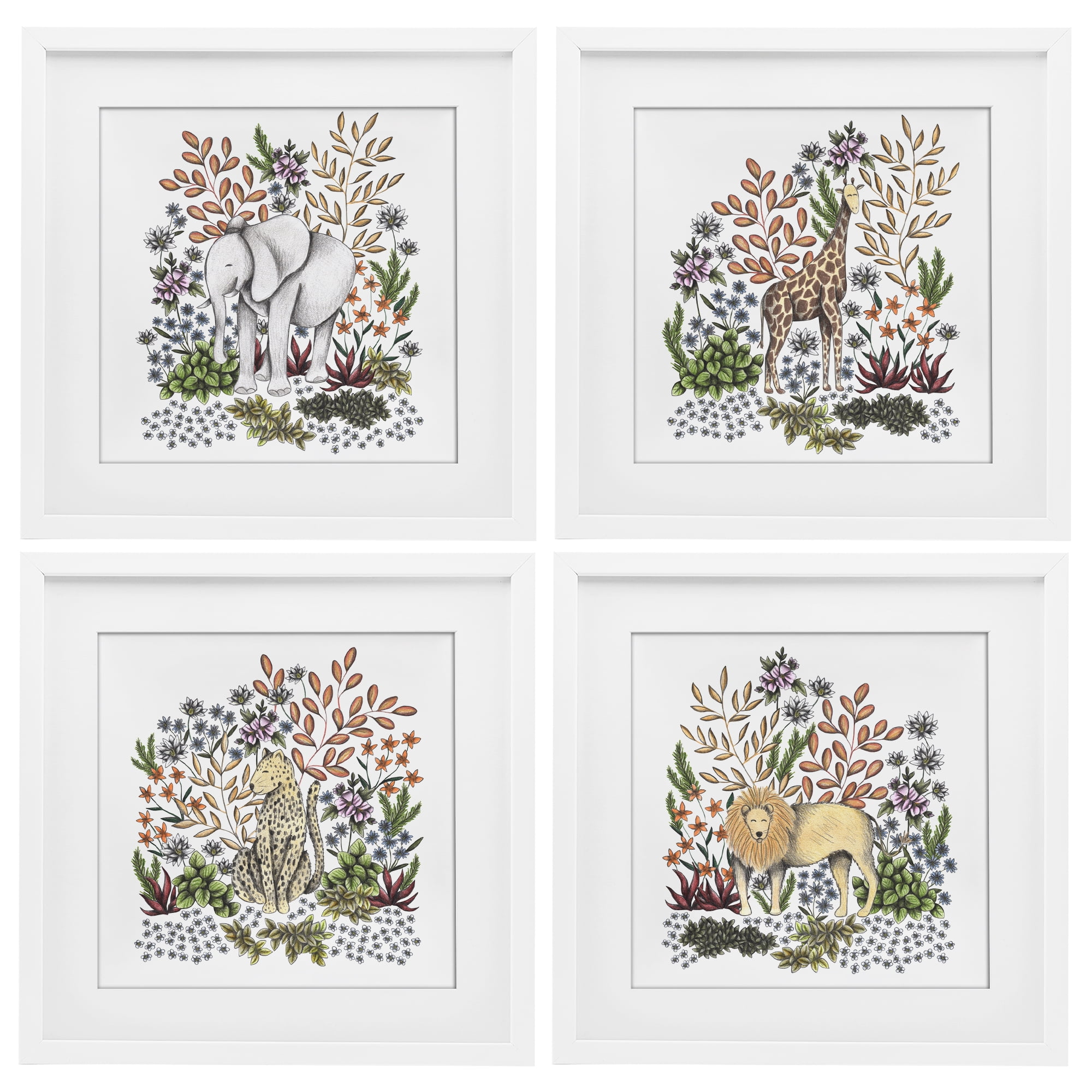 Jungle Wildlife & Botanicals 4 Piece White Framed Print Under Glass Set, design by Cecilia Battaini