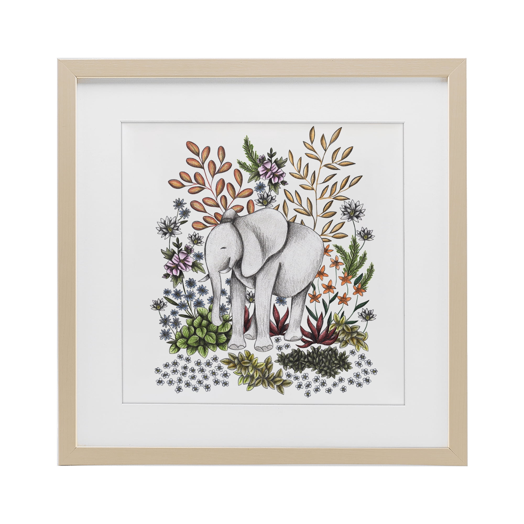 Jungle Wildlife Elephant Birch Framed Print Under Glass, design by Cecilia Battaini