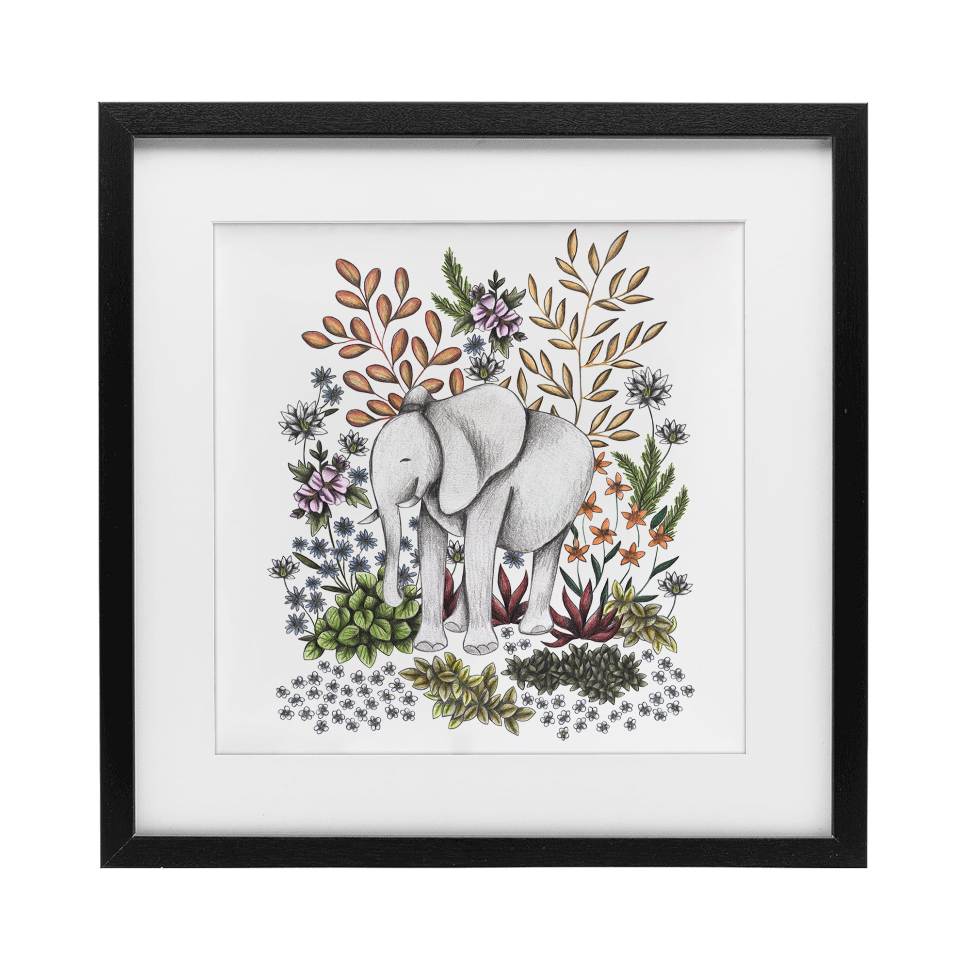 Jungle Wildlife Elephant Black Framed Print Under Glass, design by Cecilia Battaini