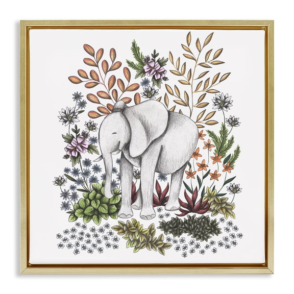 Jungle Wildlife Elephant Gold Framed Floater Canvas Wall Art, design by Cecilia Battaini