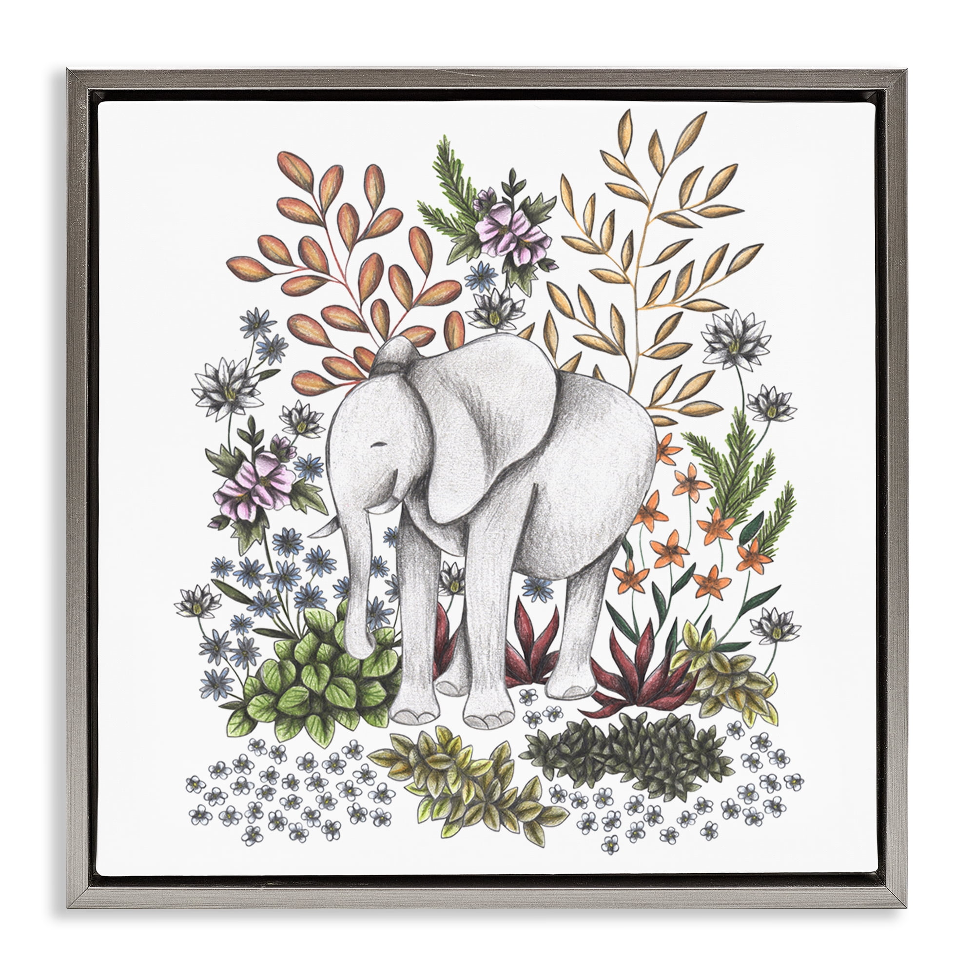 Jungle Wildlife Elephant Gray Framed Floater Canvas Wall Art, design by Cecilia Battaini