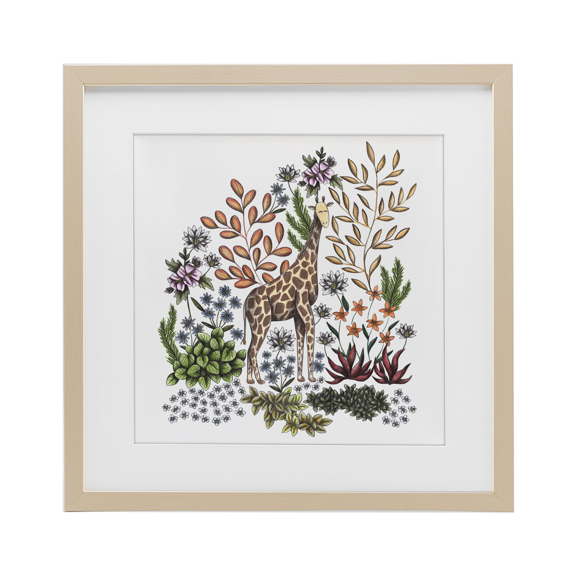 Jungle Wildlife Giraffe Birch Framed Print Under Glass, design by Cecilia Battaini