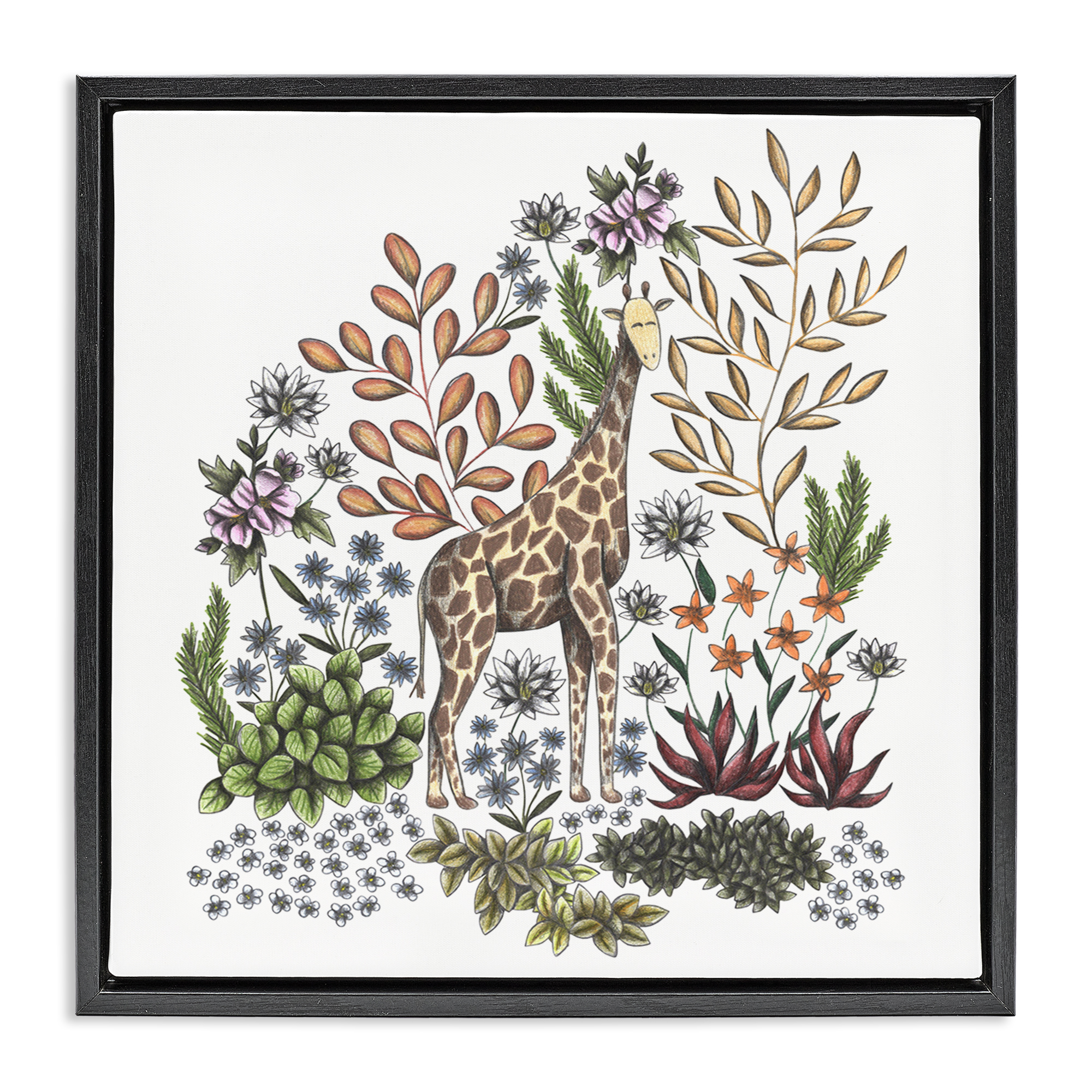 Jungle Wildlife Giraffe Black Framed Floater Canvas Wall Art, design by Cecilia Battaini