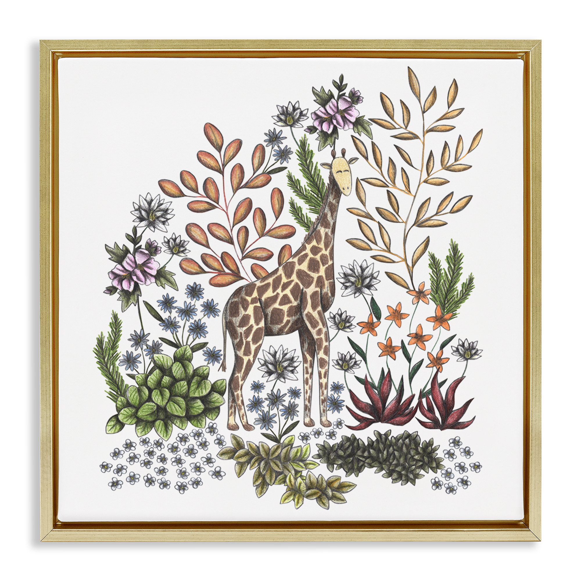 Jungle Wildlife Giraffe Gold Framed Floater Canvas Wall Art, design by Cecilia Battaini