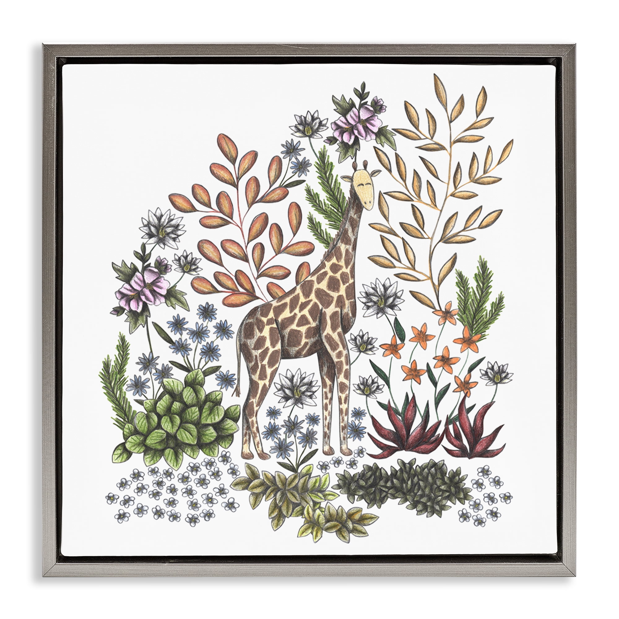 Jungle Wildlife Giraffe Gray Framed Floater Canvas Wall Art, design by Cecilia Battaini