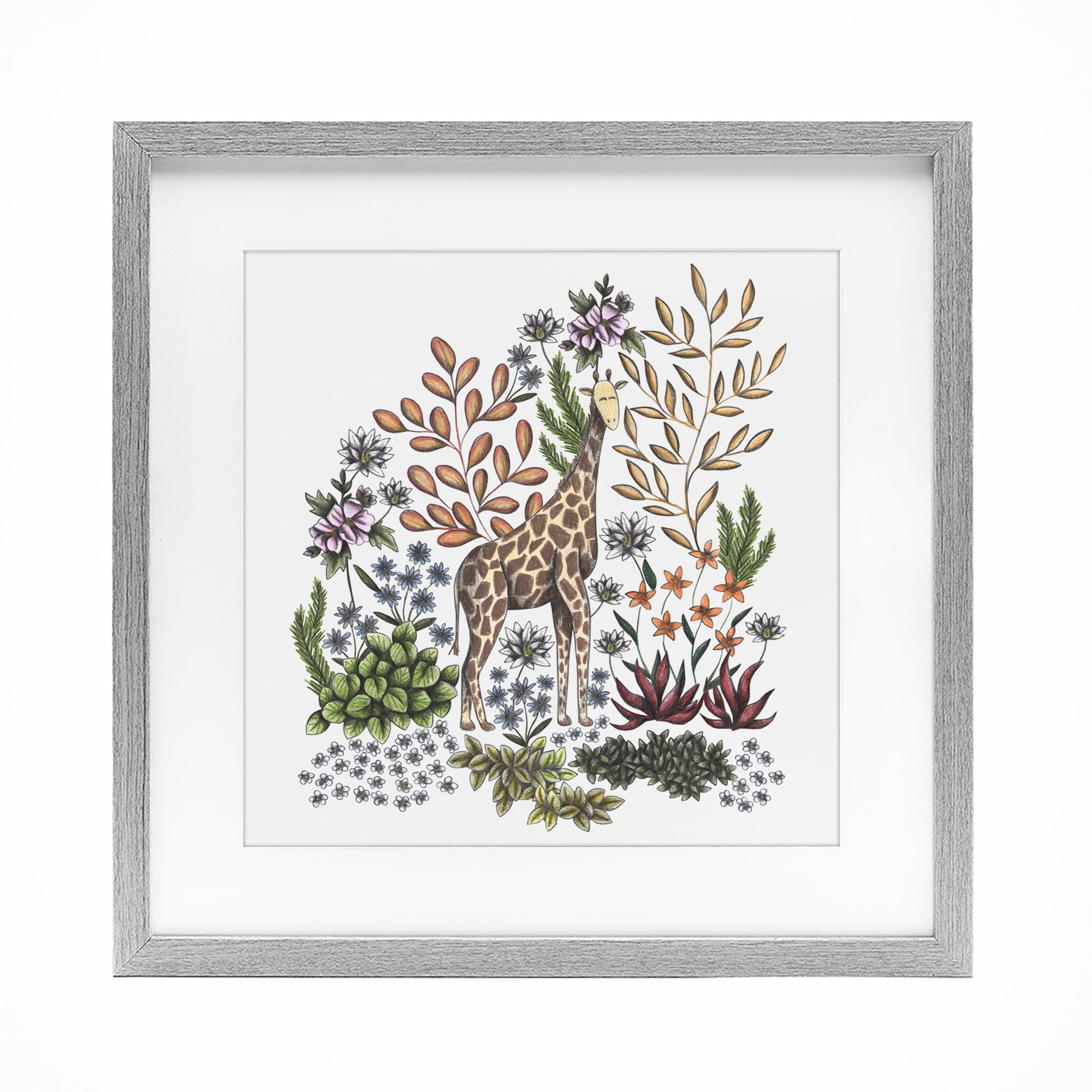 Jungle Wildlife Giraffe Gray Framed Print Under Glass, design by Cecilia Battaini