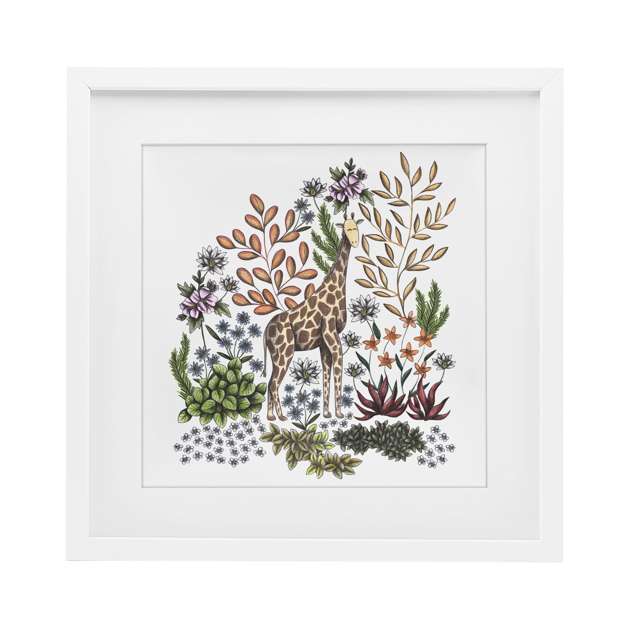 Jungle Wildlife Giraffe White Framed Print Under Glass, design by Cecilia Battaini