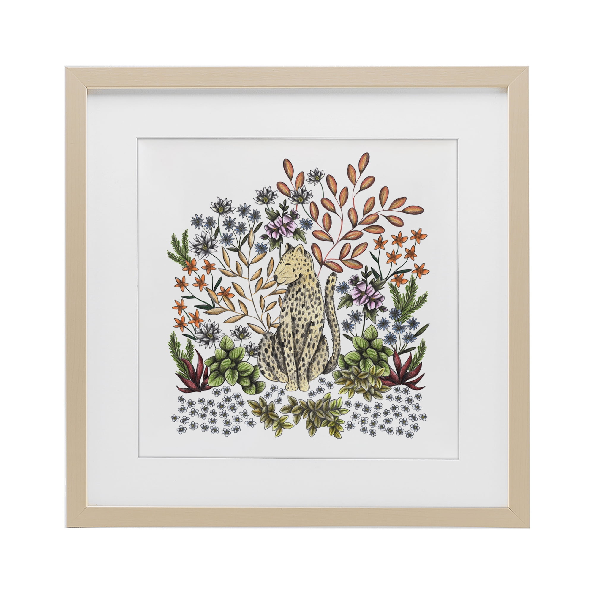 Jungle Wildlife Leopard Birch Framed Print Under Glass, design by Cecilia Battaini
