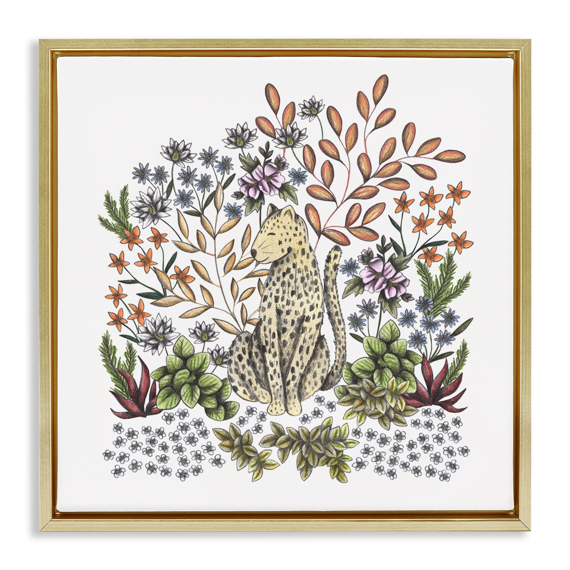 Jungle Wildlife Leopard Gold Framed Floater Canvas Wall Art, design by Cecilia Battaini