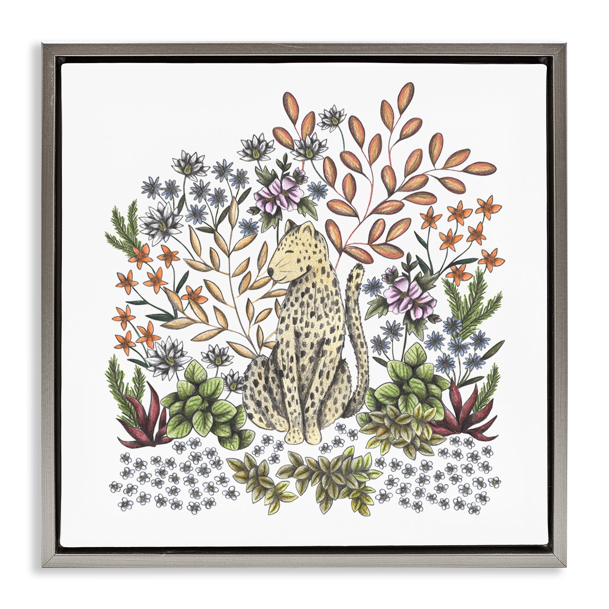 Jungle Wildlife Leopard Gray Framed Floater Canvas Wall Art, design by Cecilia Battaini