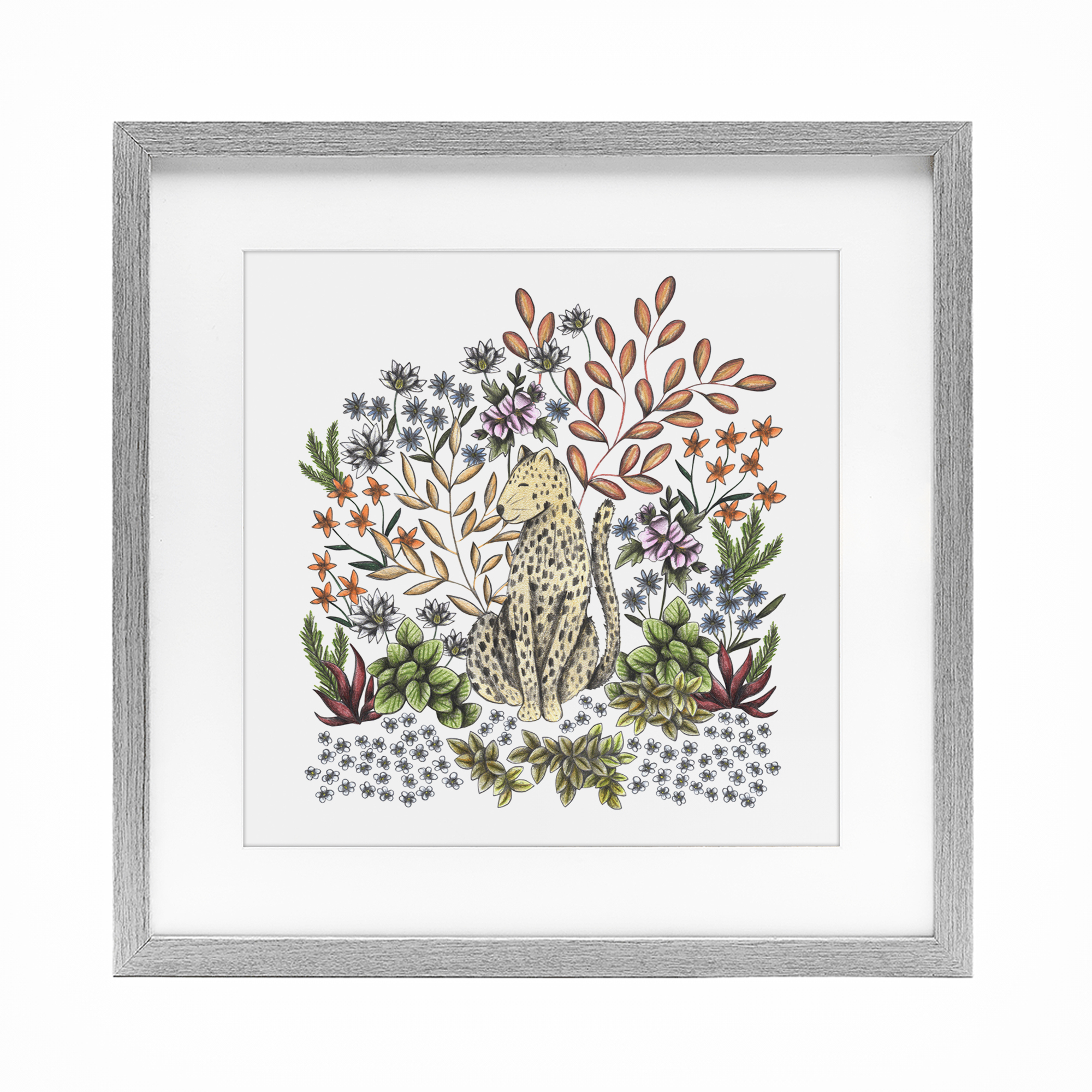 Jungle Wildlife Leopard Gray Framed Print Under Glass, design by Cecilia Battaini
