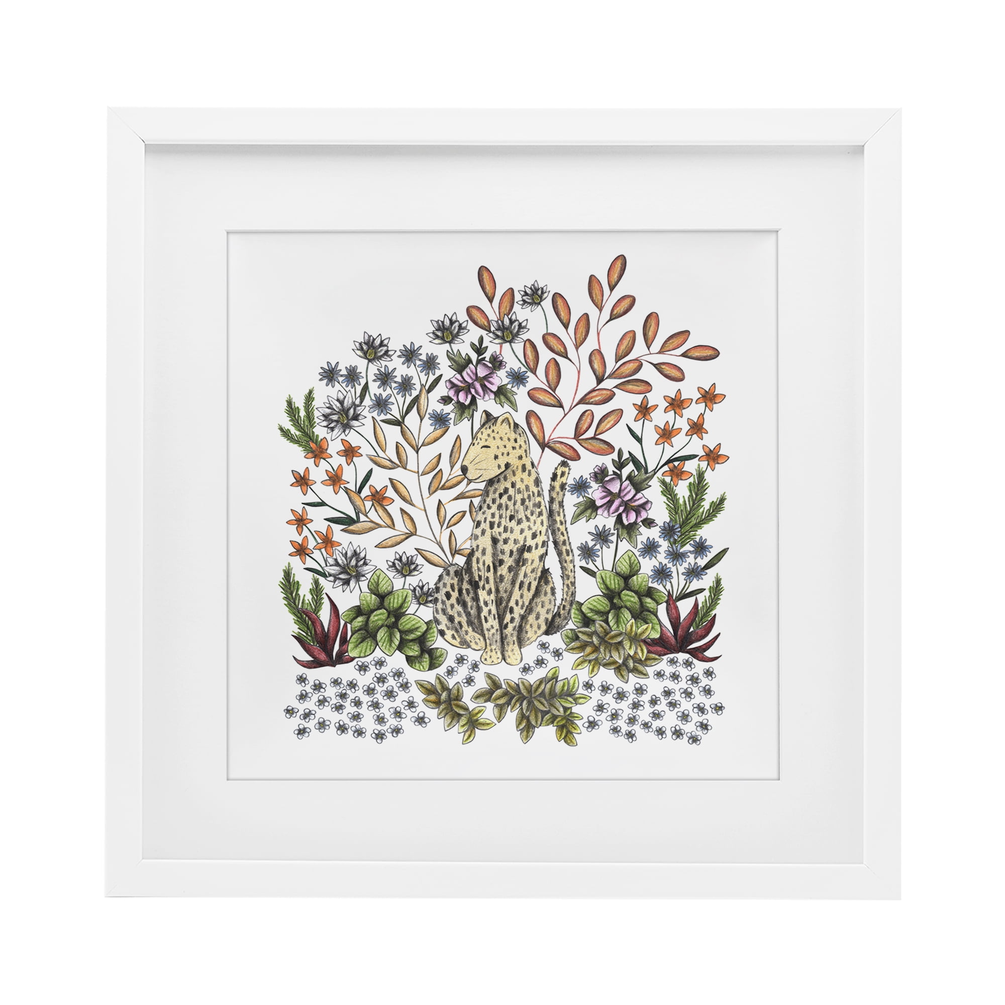 Jungle Wildlife Leopard White Framed Print Under Glass, design by Cecilia Battaini