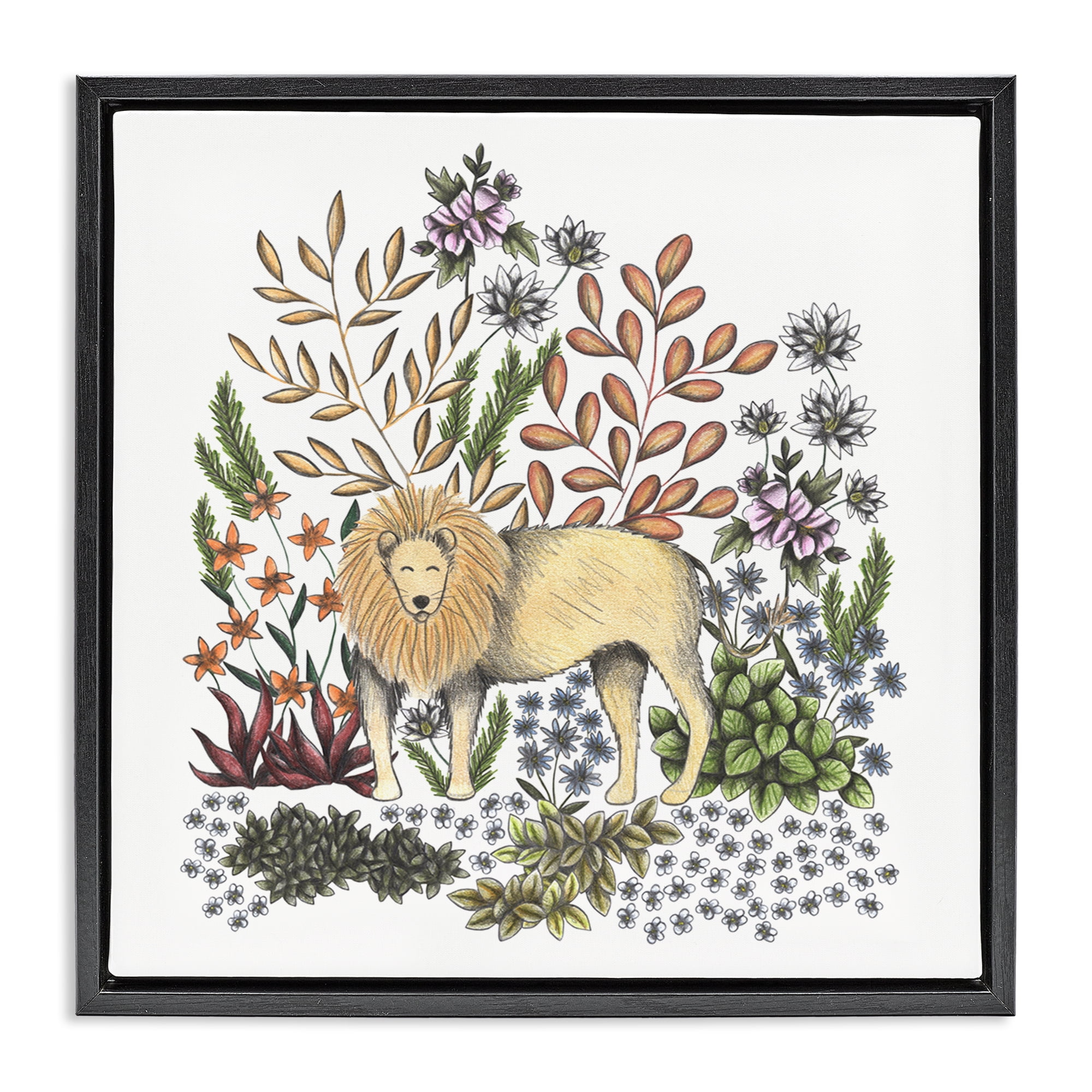 Jungle Wildlife Lion Black Framed Floater Canvas Wall Art, design by Cecilia Battaini
