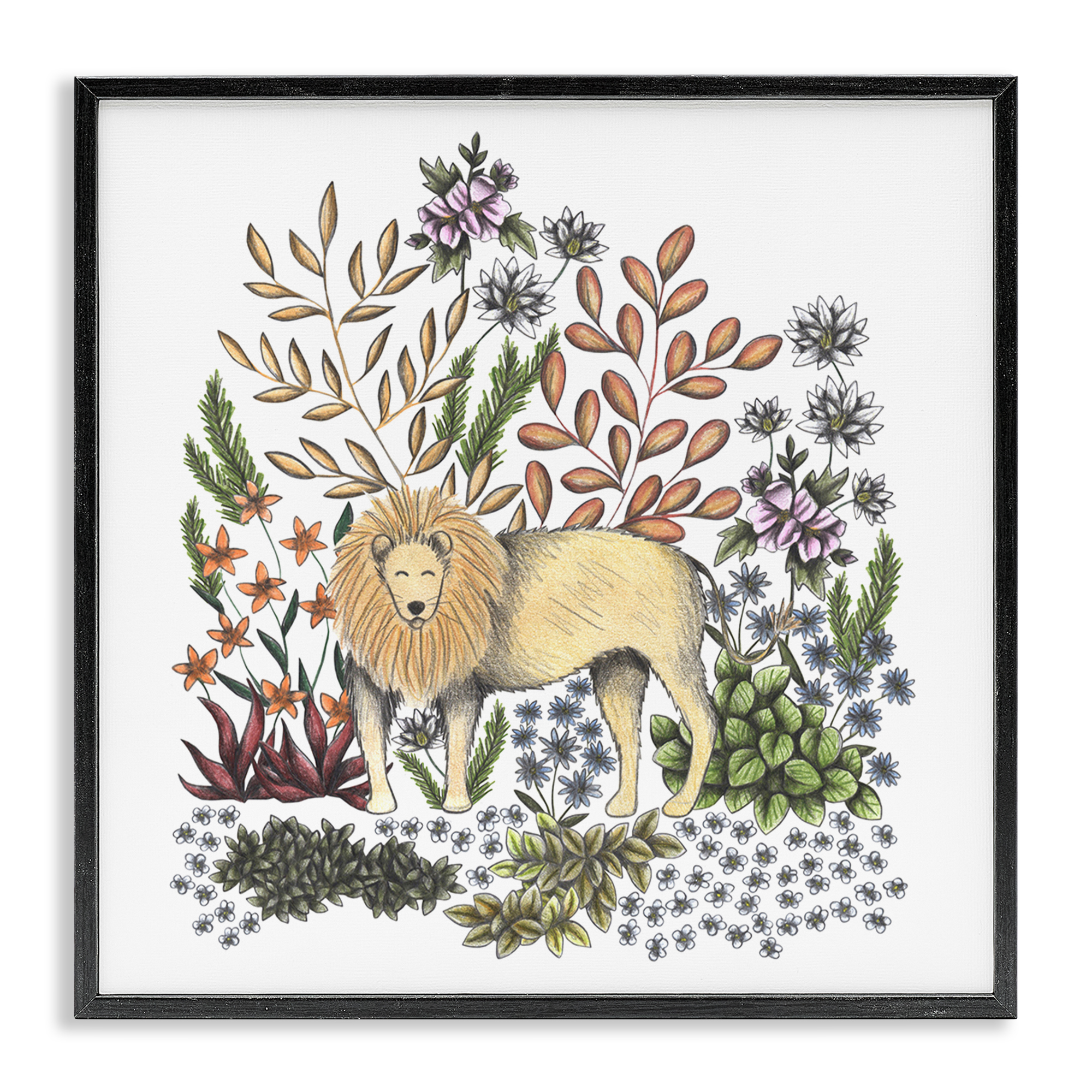 Jungle Wildlife Lion Black Framed Giclee Art, design by Cecilia Battaini
