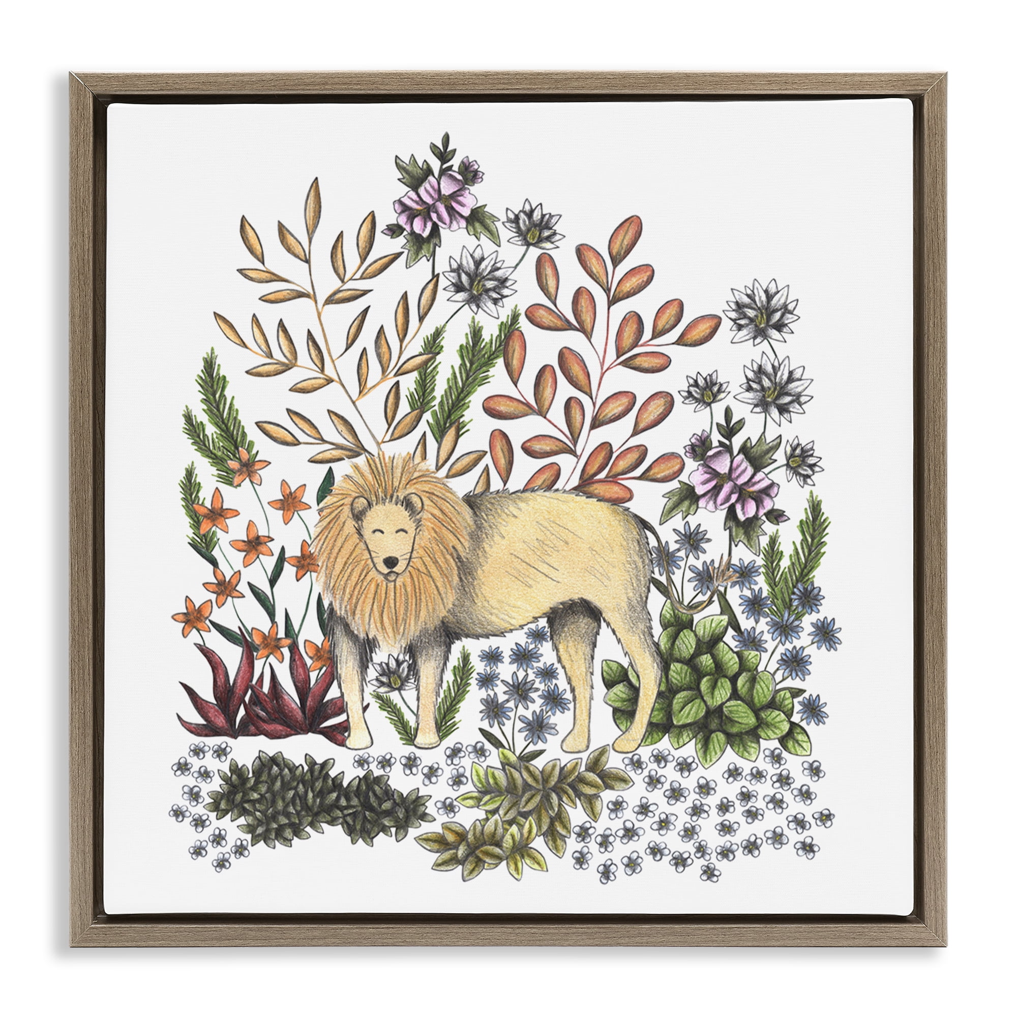 Jungle Wildlife Lion Brown Framed Floater Canvas Wall Art, design by Cecilia Battaini