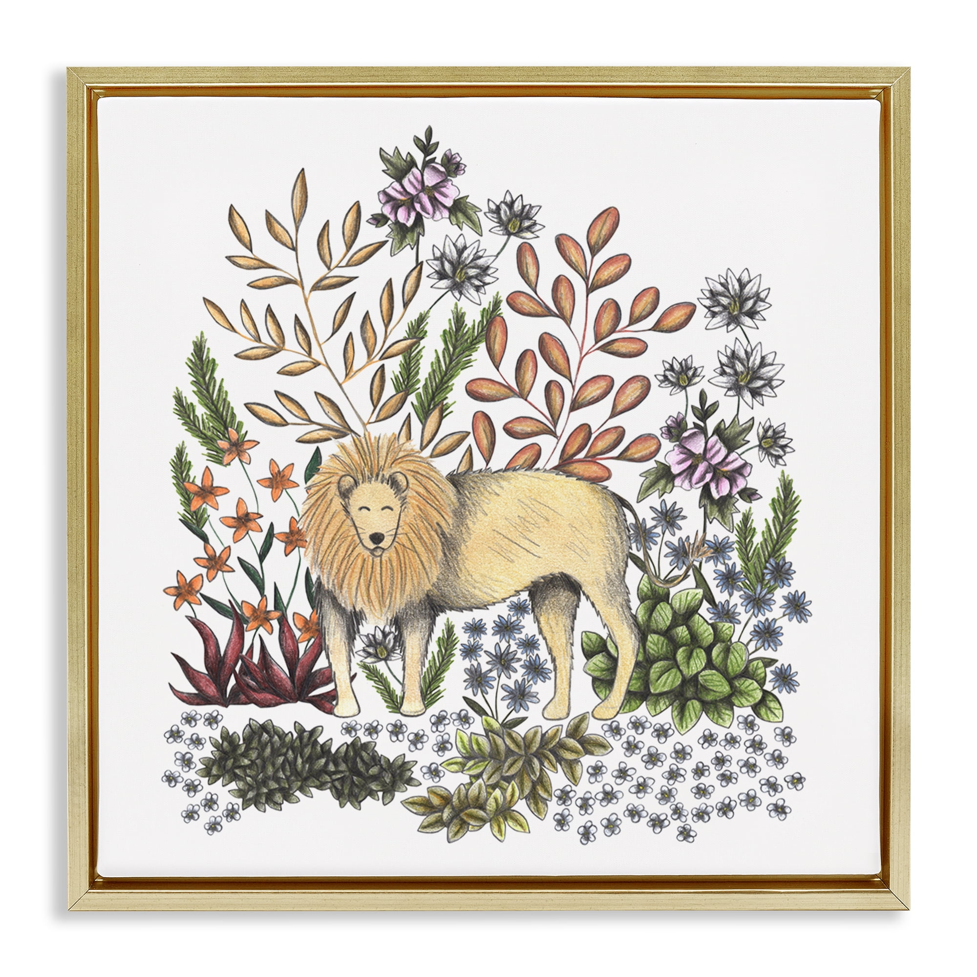 Jungle Wildlife Lion Gold Framed Floater Canvas Wall Art, design by Cecilia Battaini