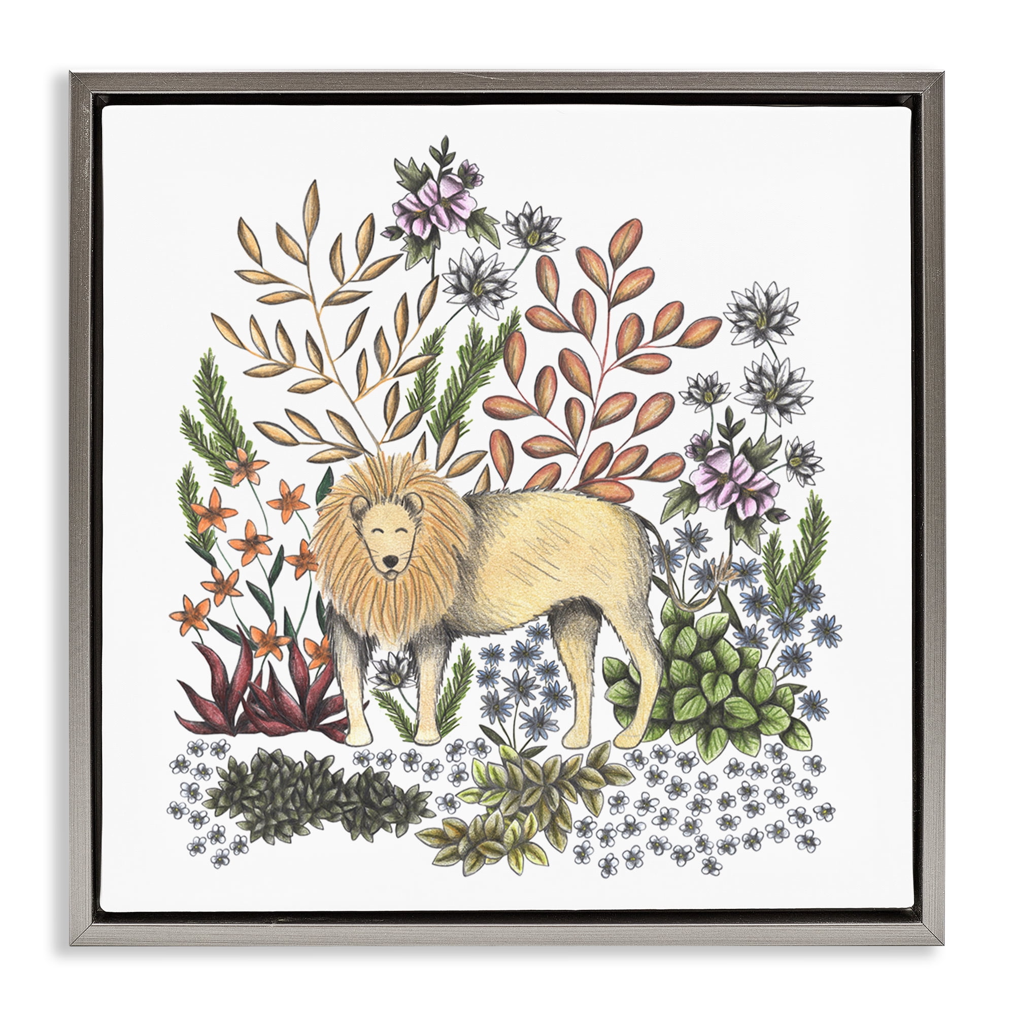 Jungle Wildlife Lion Gray Framed Floater Canvas Wall Art, design by Cecilia Battaini