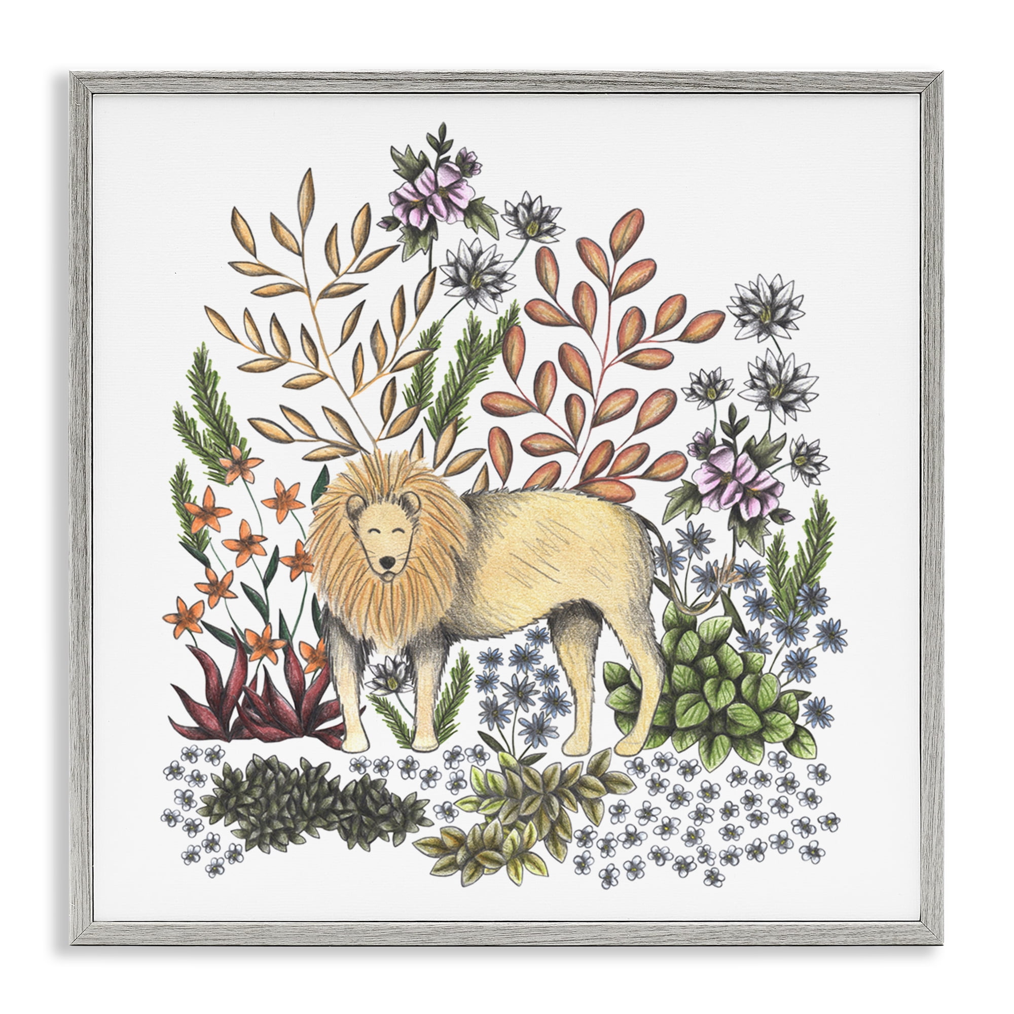 Jungle Wildlife Lion Gray Framed Giclee Art, design by Cecilia Battaini