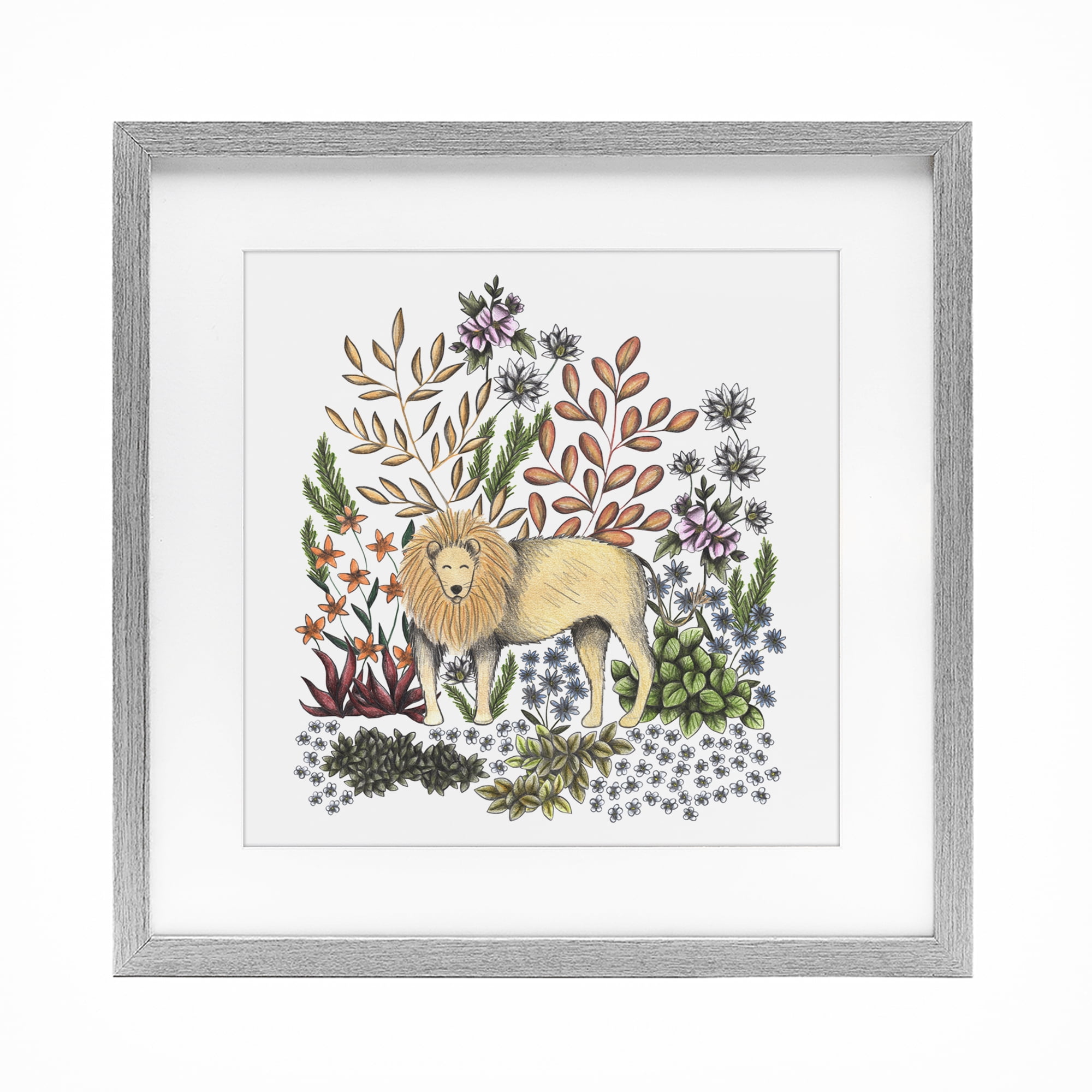 Jungle Wildlife Lion Gray Framed Print Under Glass, design by Cecilia Battaini