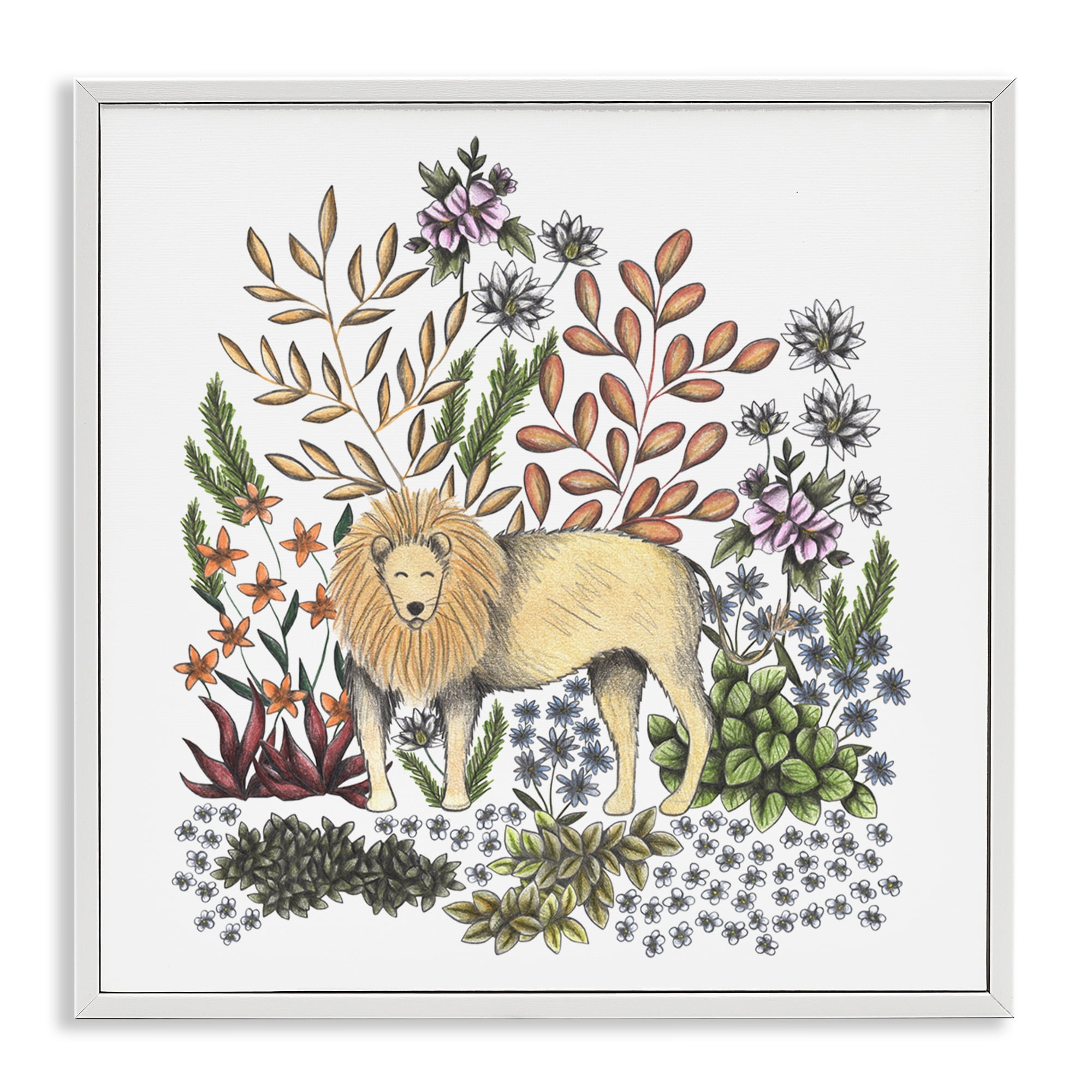Jungle Wildlife Lion White Framed Giclee Art, design by Cecilia Battaini