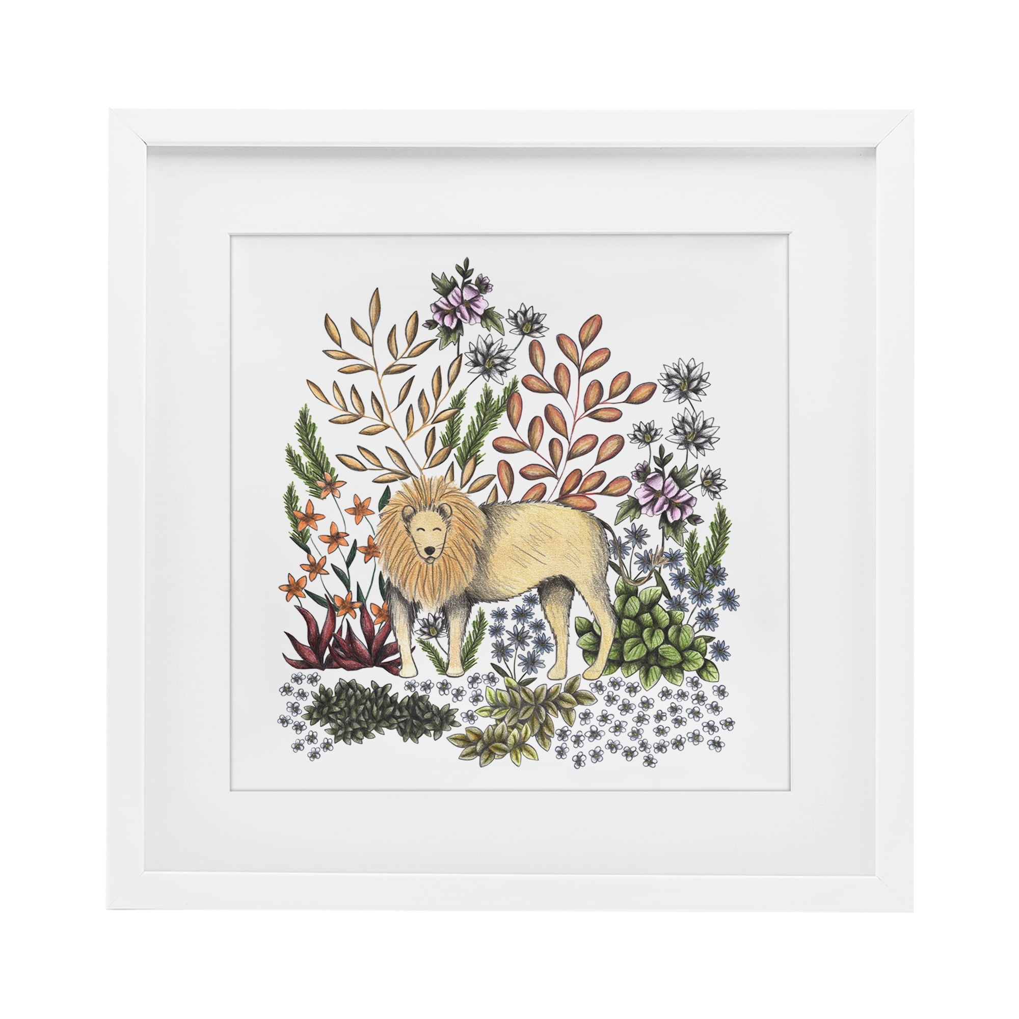 Jungle Wildlife Lion White Framed Print Under Glass, design by Cecilia Battaini